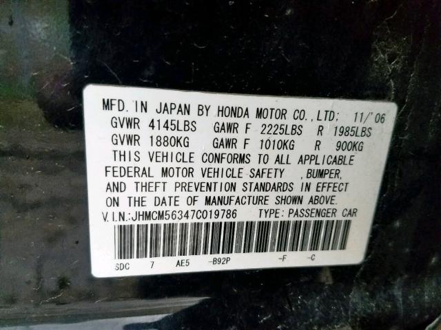 JHMCM56347C019786 - 2007 HONDA ACCORD SE BLACK photo 10