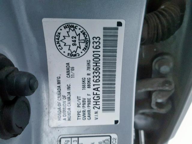 2HGFA16336H001633 - 2006 HONDA CIVIC DX V SILVER photo 10