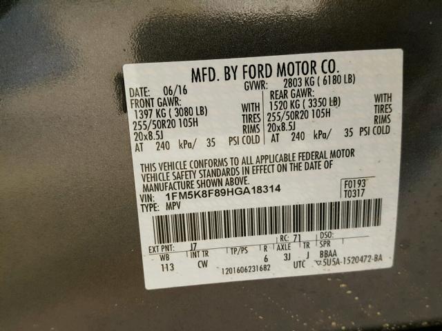 1FM5K8F89HGA18314 - 2017 FORD EXPLORER L GRAY photo 10