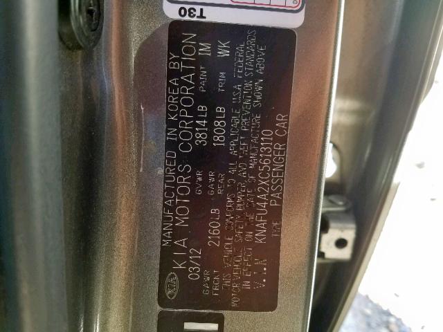 KNAFU4A2XC5613110 - 2012 KIA FORTE EX GRAY photo 10