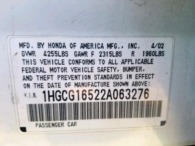 1HGCG16522A063276 - 2002 HONDA ACCORD EX WHITE photo 10