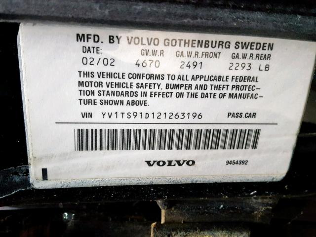 YV1TS91D121263196 - 2002 VOLVO S80 T6 TUR BLACK photo 10