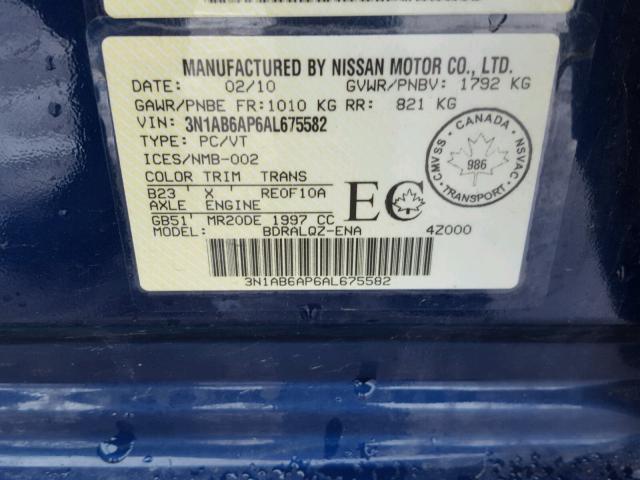 3N1AB6AP6AL675582 - 2010 NISSAN SENTRA 2.0 BLUE photo 10