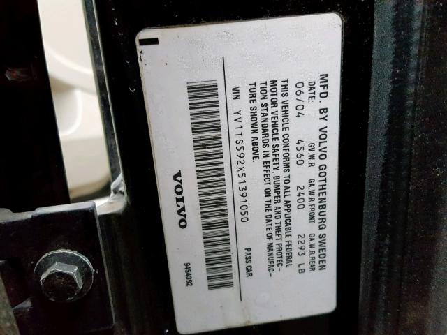 YV1TS592X51391050 - 2005 VOLVO S80 2.5T BLACK photo 10