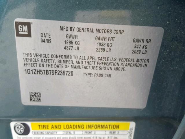 1G1ZH57B79F236720 - 2009 CHEVROLET MALIBU 1LT TEAL photo 10