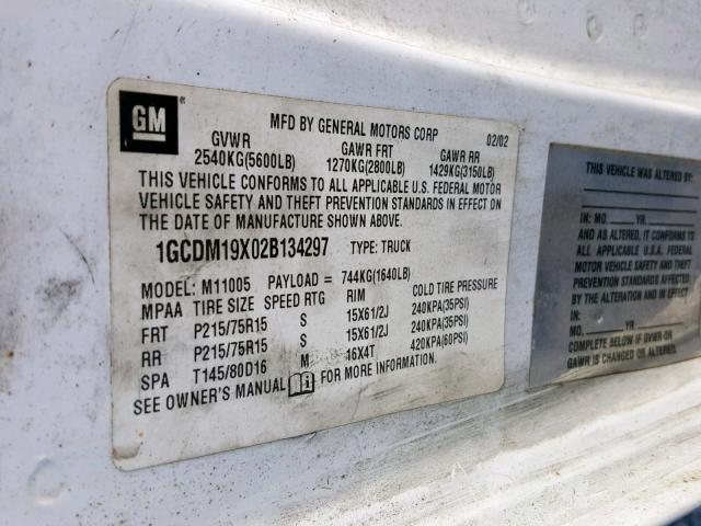 1GCDM19X02B134297 - 2002 CHEVROLET ASTRO WHITE photo 10