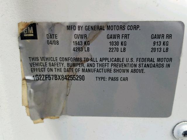 1G2ZF57BX84255290 - 2008 PONTIAC G6 VALUE L WHITE photo 10