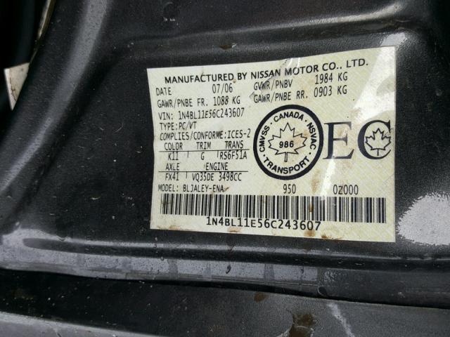 1N4BL11E56C243607 - 2006 NISSAN ALTIMA SE GRAY photo 10