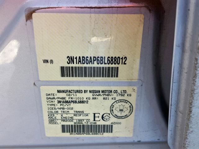 3N1AB6AP6BL688012 - 2011 NISSAN SENTRA 2.0 SILVER photo 10