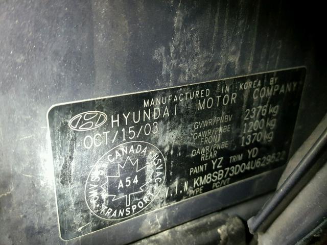 KM8SB73D04U629522 - 2004 HYUNDAI SANTA FE B GRAY photo 10