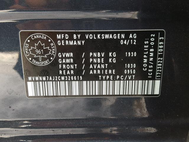 WVWNM7AJ2CW326619 - 2012 VOLKSWAGEN GOLF 蓝色 照片 10