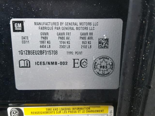 1G1ZB5EU2BF315708 - 2011 CHEVROLET MALIBU LS 黑色 照片 10