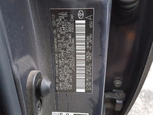 JTDKN3DP1C3005486 - 2012 TOYOTA PRIUS PLUG CHARCOAL photo 10