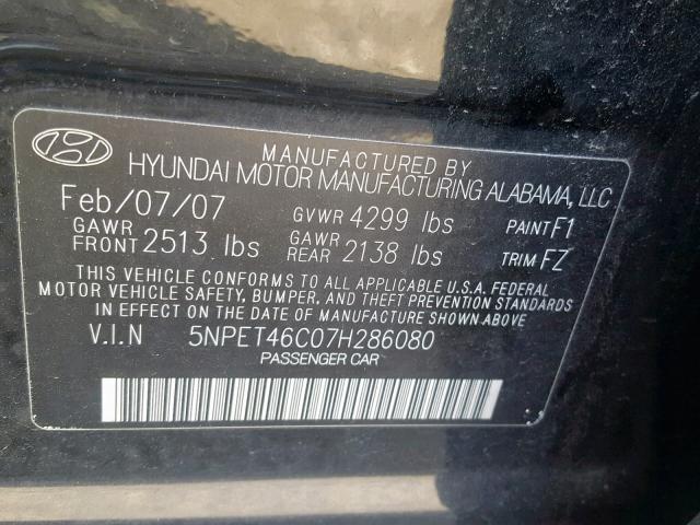 5NPET46C07H286080 - 2007 HYUNDAI SONATA GLS BLACK photo 10