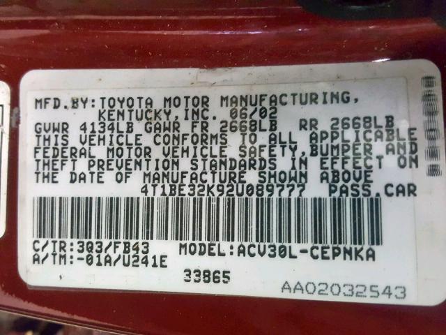 4T1BE32K92U089777 - 2002 TOYOTA CAMRY LE RED photo 10