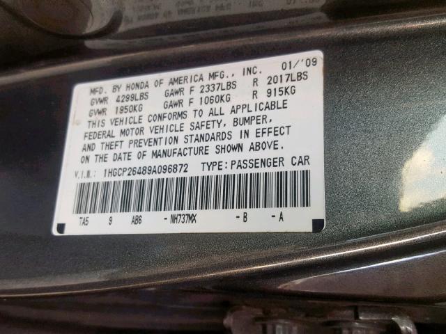 1HGCP26489A096872 - 2009 HONDA ACCORD LXP GRAY photo 10