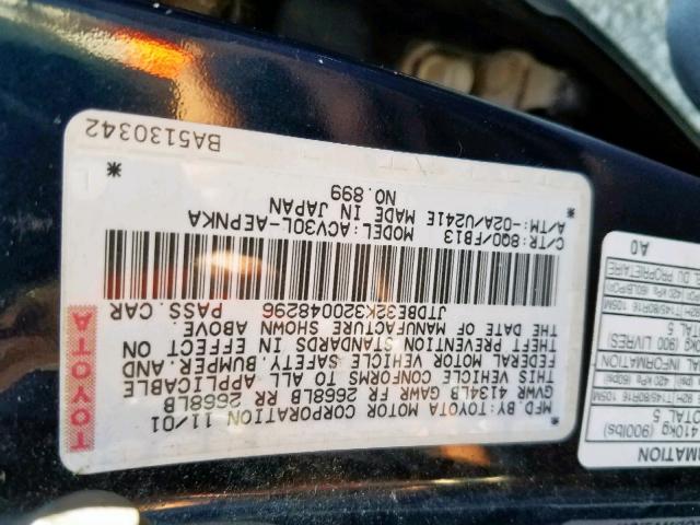 JTDBE32K320048296 - 2002 TOYOTA CAMRY LE BLUE photo 10