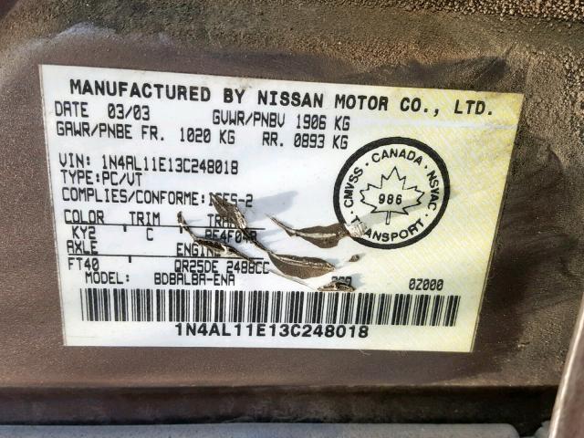 1N4AL11E13C248018 - 2003 NISSAN ALTIMA BAS BEIGE photo 10