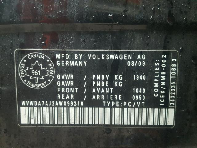 WVWDA7AJ2AW099210 - 2010 VOLKSWAGEN GOLF 黑色 照片 10