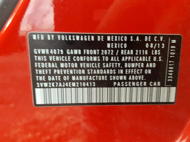 3VW2K7AJ4EM210413 - 2014 VOLKSWAGEN JETTA BASE 红色 照片 10