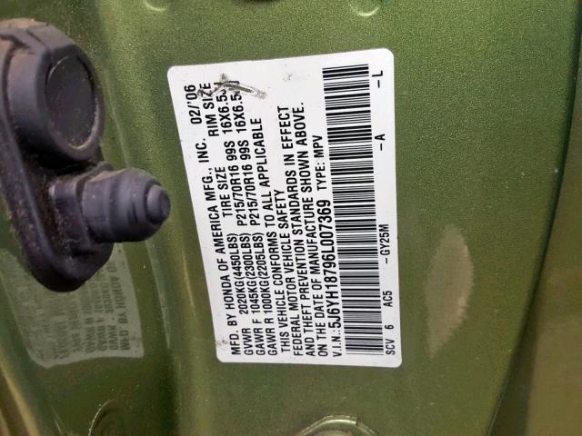 5J6YH18796L007369 - 2006 HONDA ELEMENT EX GREEN photo 10