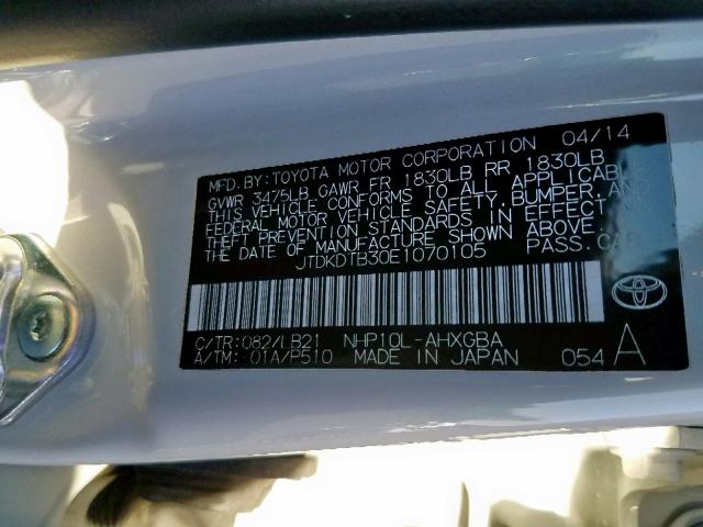 JTDKDTB30E1070105 - 2014 TOYOTA PRIUS C WHITE photo 10