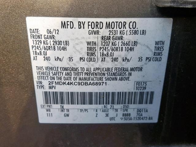 2FMDK4KC9DBA68971 - 2013 FORD EDGE LIMIT BROWN photo 10