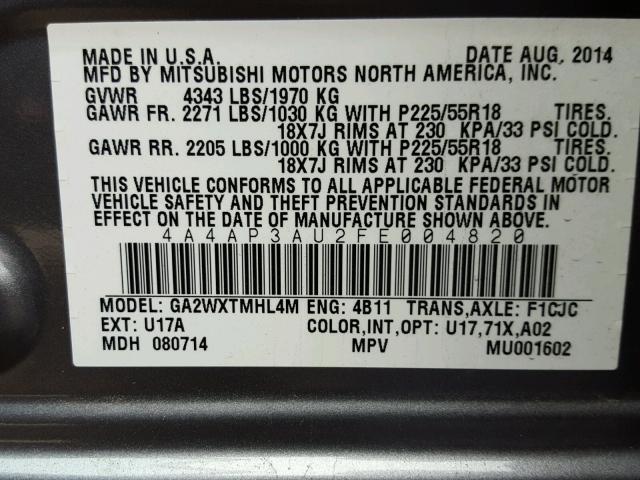 4A4AP3AU2FE004820 - 2015 MITSUBISHI OUTLANDER GRAY photo 10