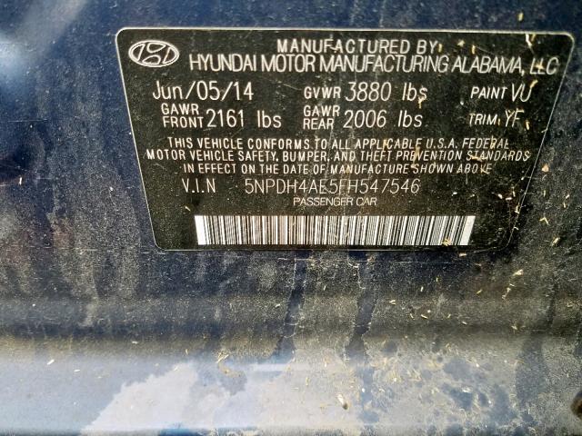 5NPDH4AE5FH547546 - 2015 HYUNDAI ELANTRA SE BLUE photo 10