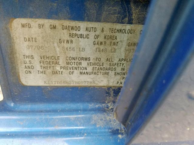 KL1TD56627B057798 - 2007 CHEVROLET AVEO BASE Blau Foto 10