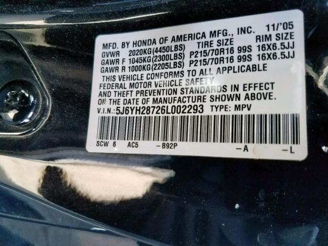 5J6YH28726L002293 - 2006 HONDA ELEMENT EX BLACK photo 10