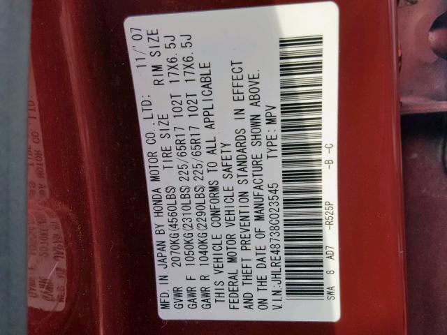 JHLRE48738C023545 - 2008 HONDA CR-V EXL RED photo 10