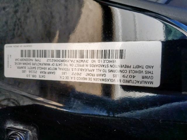 3VW2K7AJ9BM306212 - 2011 VOLKSWAGEN JETTA BASE 黑色 照片 10