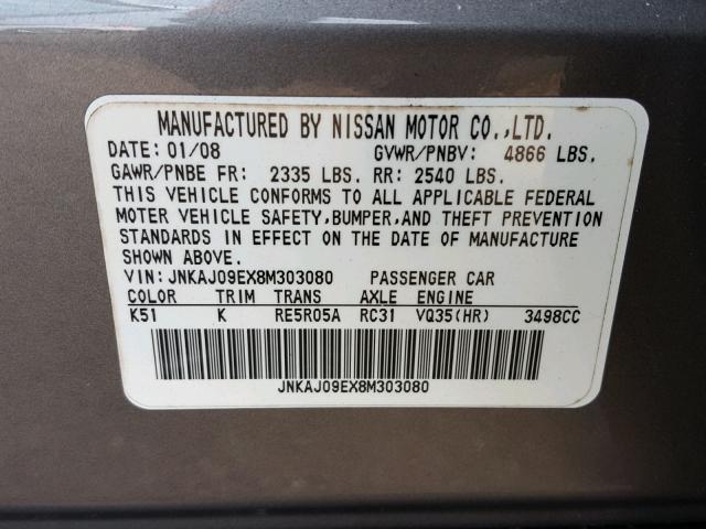 JNKAJ09EX8M303080 - 2008 INFINITI EX35 BASE BLACK photo 10