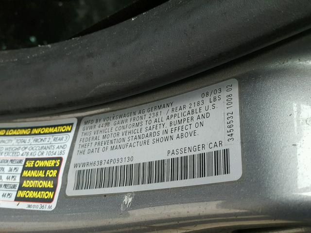 WVWRH63B74P093130 - 2004 VOLKSWAGEN PASSAT GLX GRAY photo 10