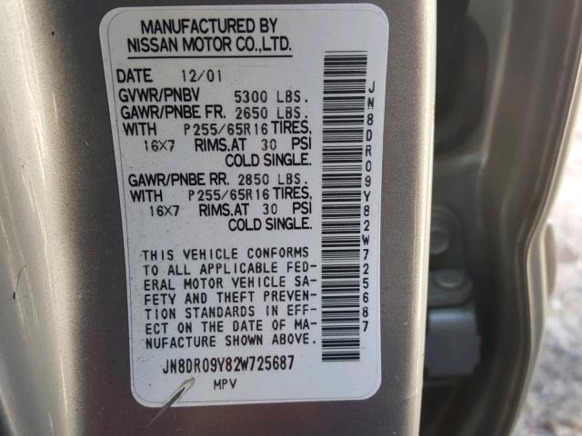 JN8DR09Y82W725687 - 2002 NISSAN PATHFINDER SILVER photo 10