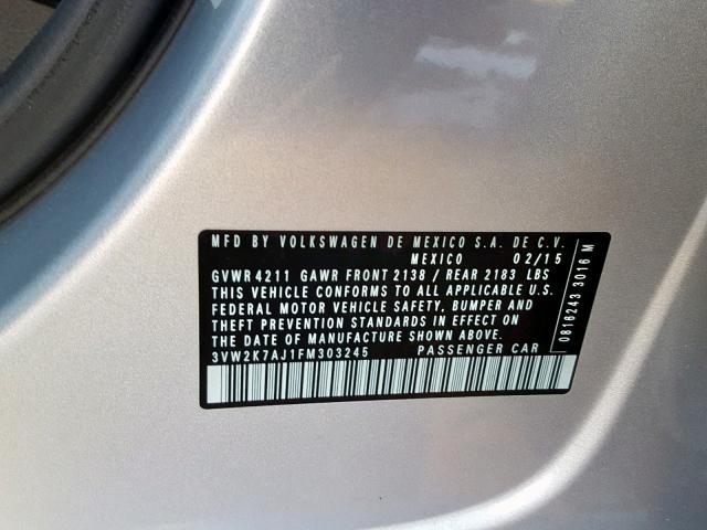 3VW2K7AJ1FM303245 - 2015 VOLKSWAGEN JETTA BASE 银色 照片 10