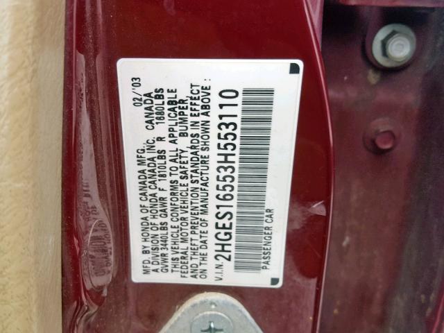 2HGES16553H553110 - 2003 HONDA CIVIC LX MAROON photo 10