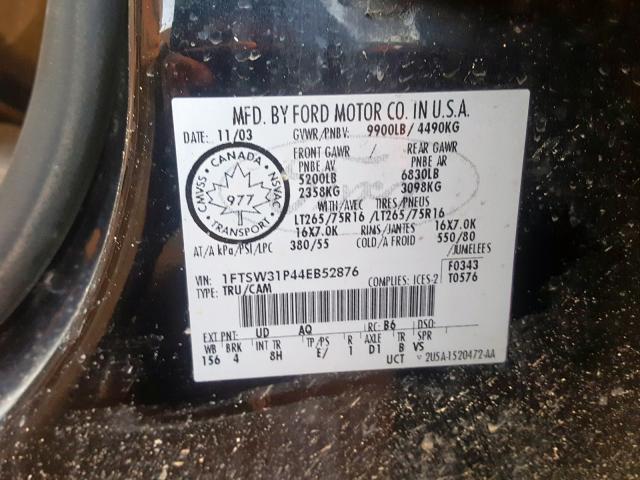 1FTSW31P44EB52876 - 2004 FORD F350 SRW S BLACK photo 10