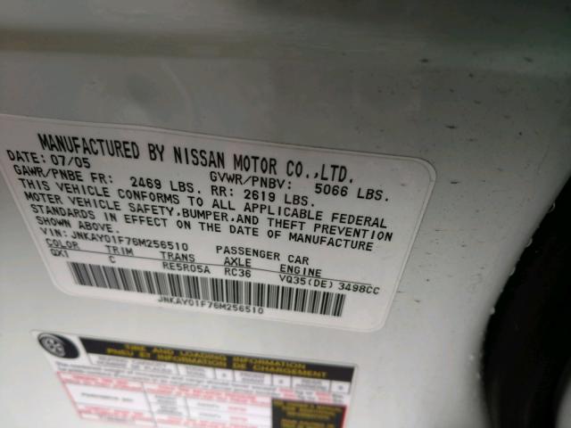 JNKAY01F76M256510 - 2006 INFINITI M35 BASE WHITE photo 10