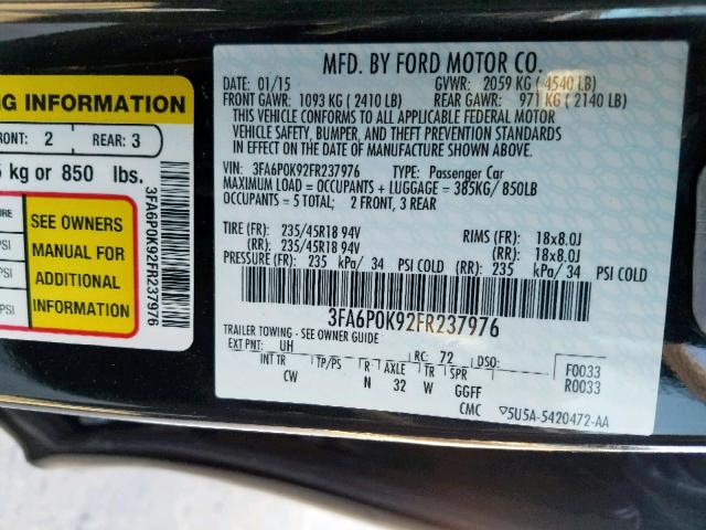 3FA6P0K92FR237976 - 2015 FORD FUSION TIT BLACK photo 10