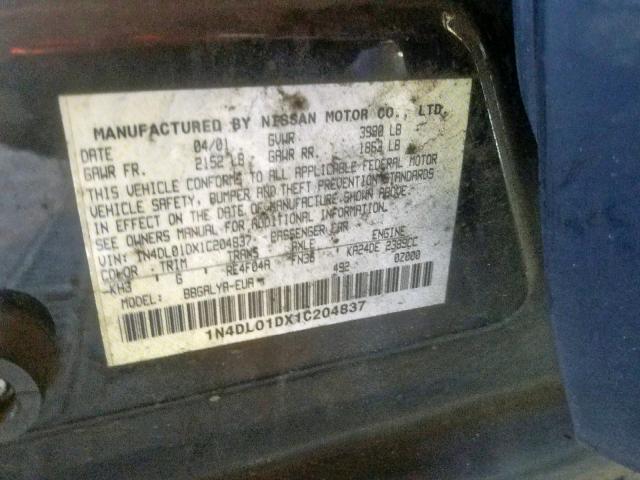 1N4DL01DX1C204837 - 2001 NISSAN ALTIMA XE BLACK photo 10