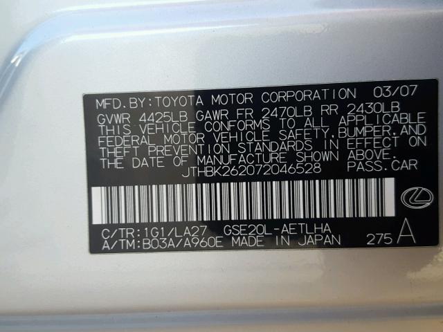 JTHBK262072046528 - 2007 LEXUS IS 250 SILVER photo 10