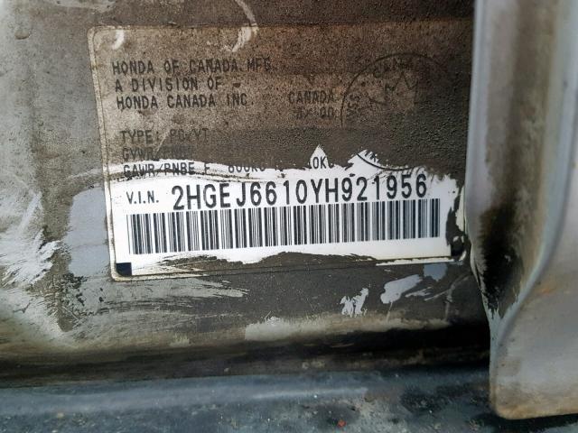 2HGEJ6610YH921956 - 2000 HONDA CIVIC BASE SILVER photo 10