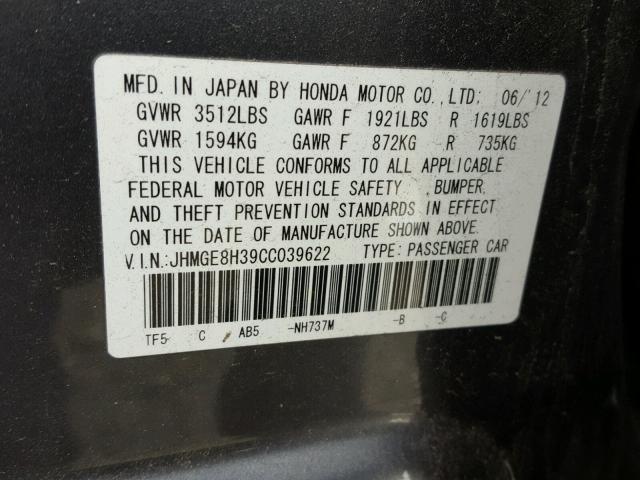 JHMGE8H39CC039622 - 2012 HONDA FIT GRAY photo 10