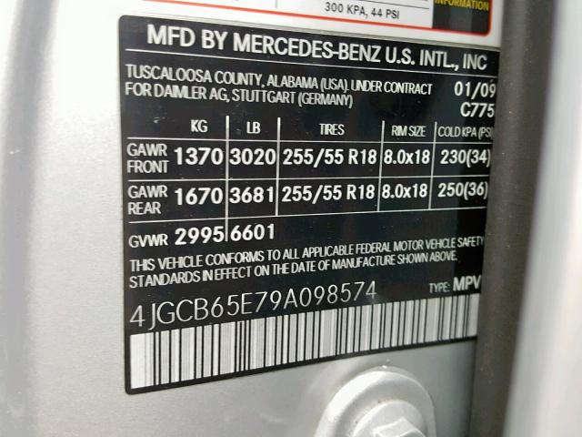 4JGCB65E79A098574 - 2009 MERCEDES-BENZ R 350 4MAT SILVER photo 10