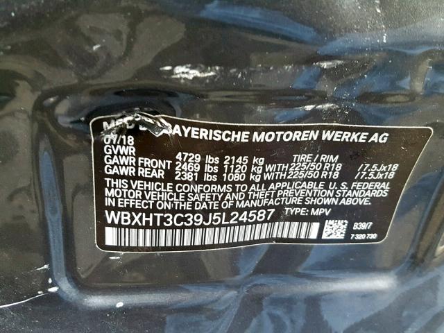 WBXHT3C39J5L24587 - 2018 BMW X1 XDRIVE2 BLACK photo 10