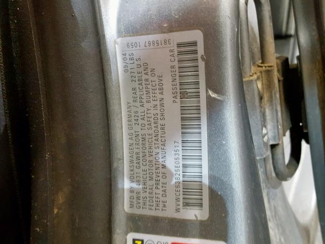 WVWCE63B25E053517 - 2005 VOLKSWAGEN PASSAT GLS GRAY photo 10