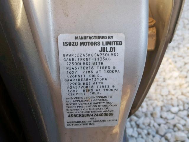 4S6CK58W424400669 - 2002 HONDA PASSPORT E 银色 照片 10