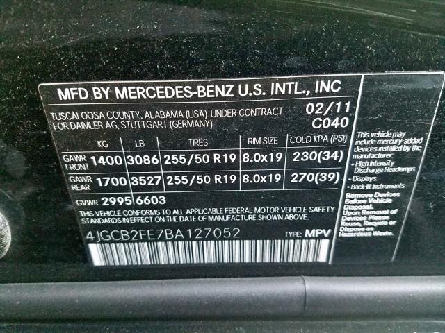 4JGCB2FE7BA127052 - 2011 MERCEDES-BENZ R 350 BLUE BLACK photo 10